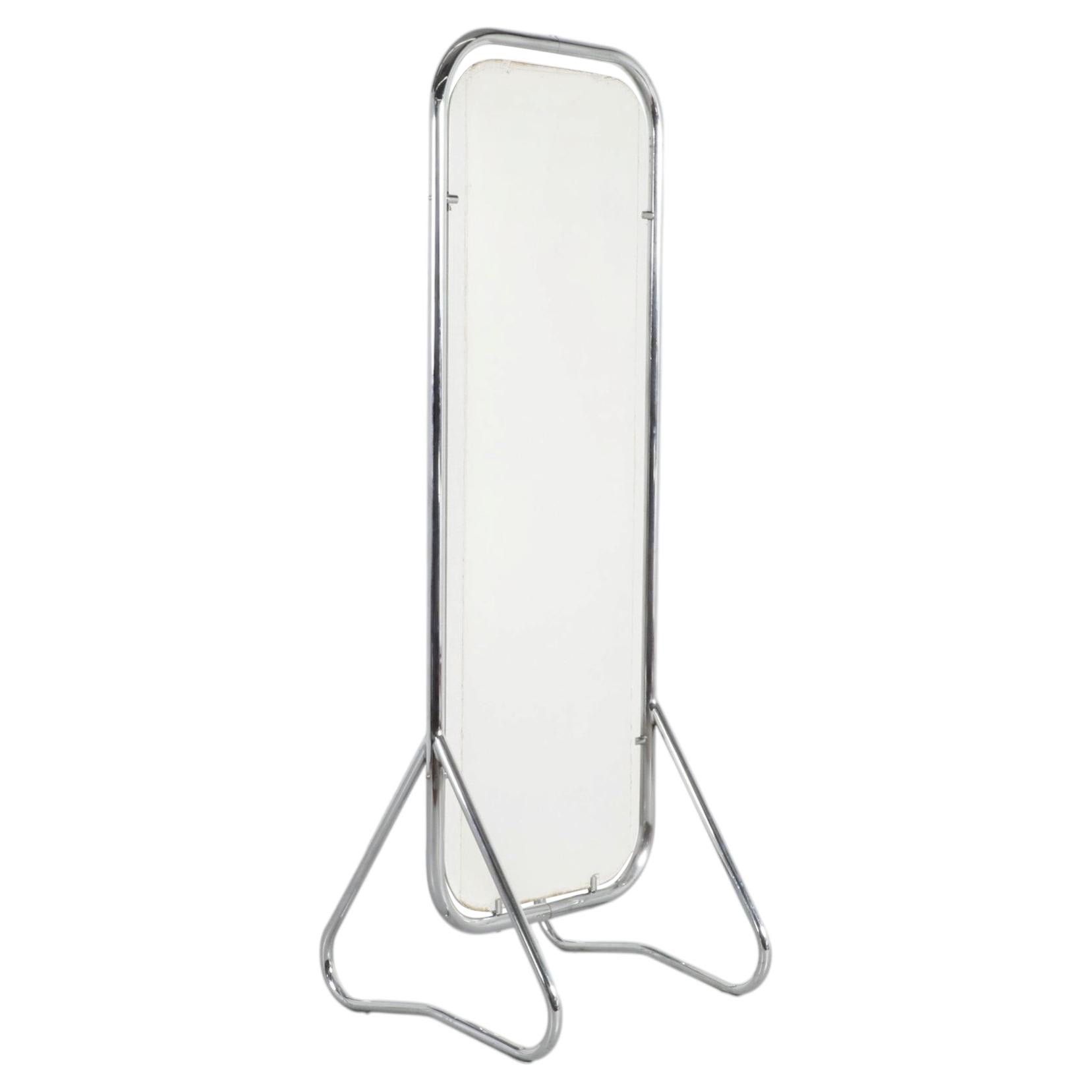 Gispen Style Tubular Chrome Full-Length Standing Mirror, Netherlands, c. 1950
