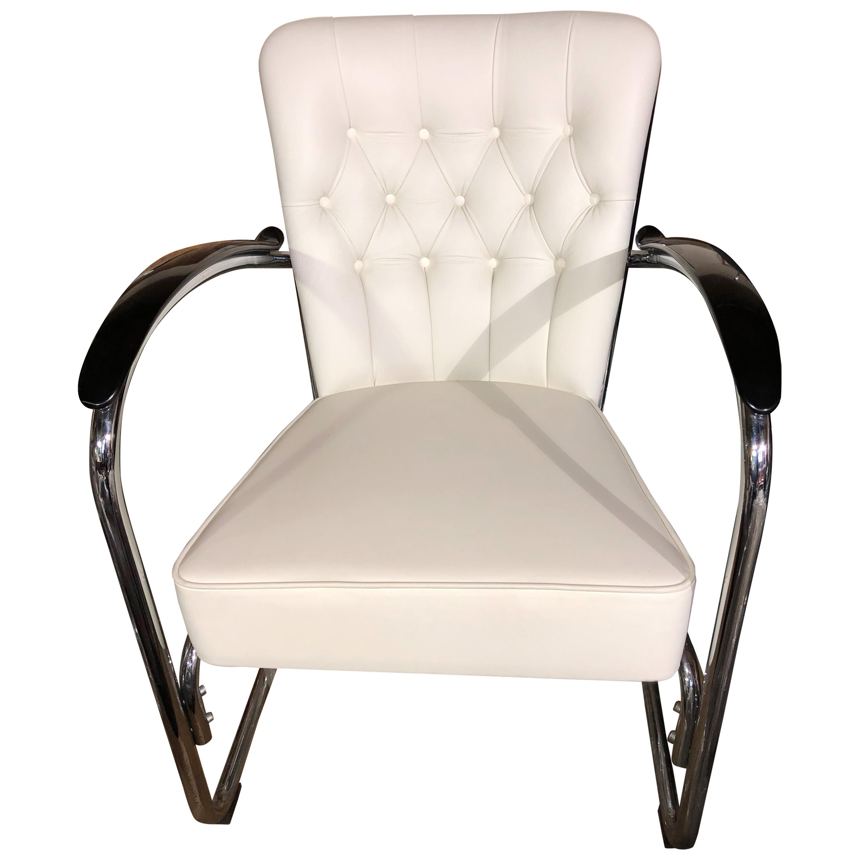Gispen White Leather Cantilever Tubular Steel Easy Chair