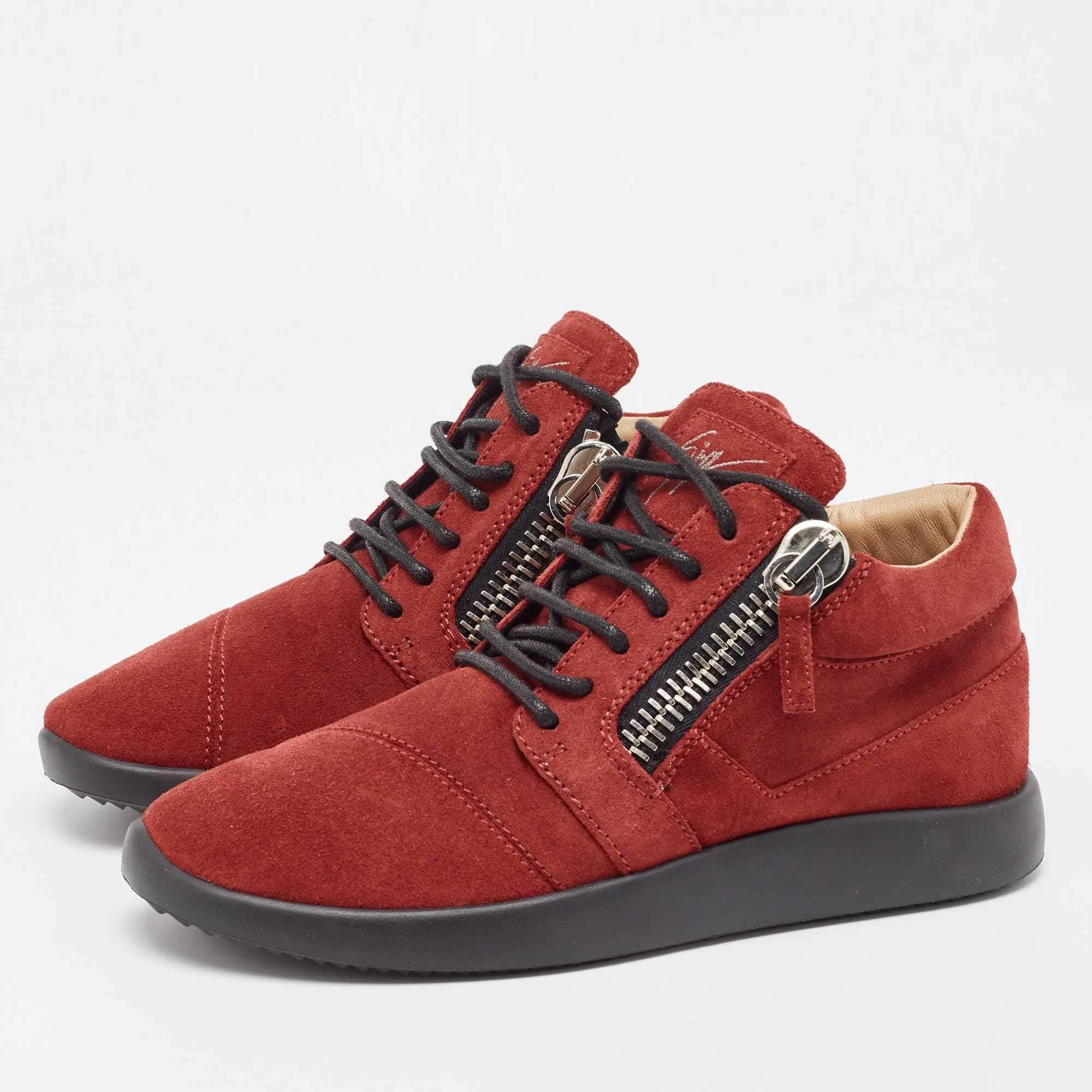 Gisueppe Zanotti Red Suede Double Zip Low Top Sneakers Size 38 For Sale 1