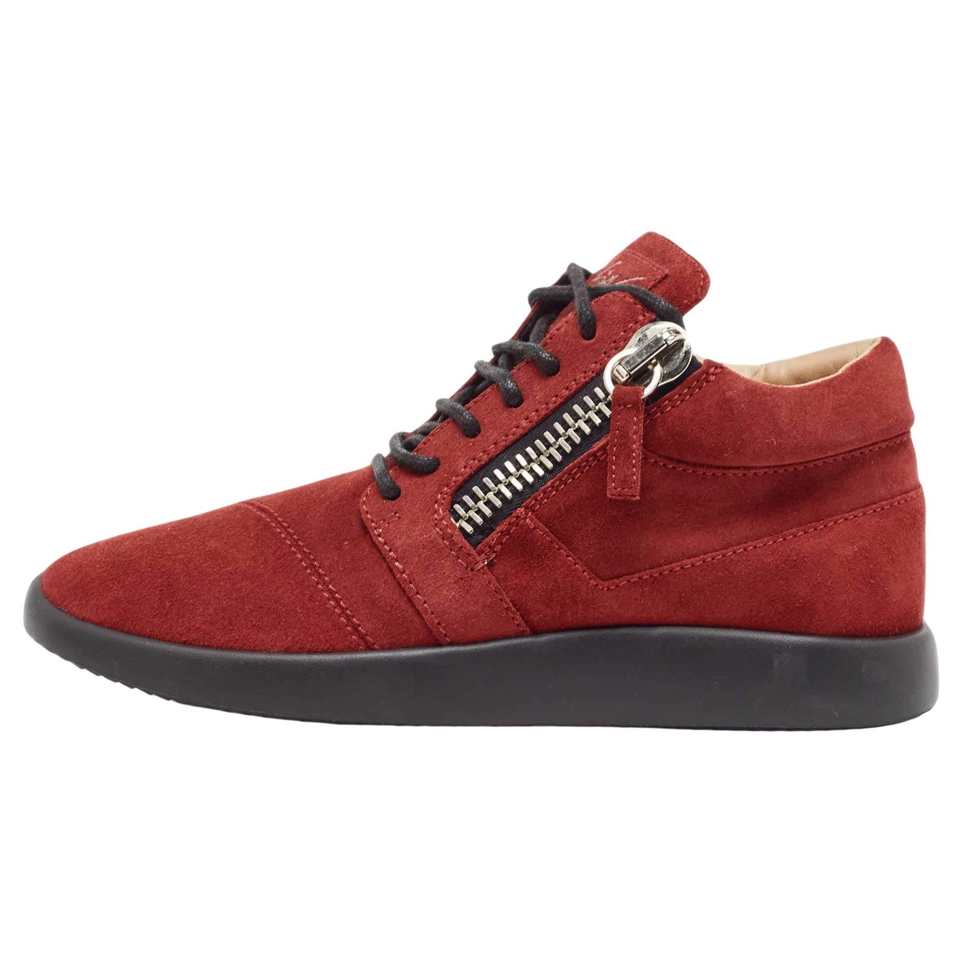 Gisueppe Zanotti Red Suede Double Zip Low Top Sneakers Size 38 For Sale