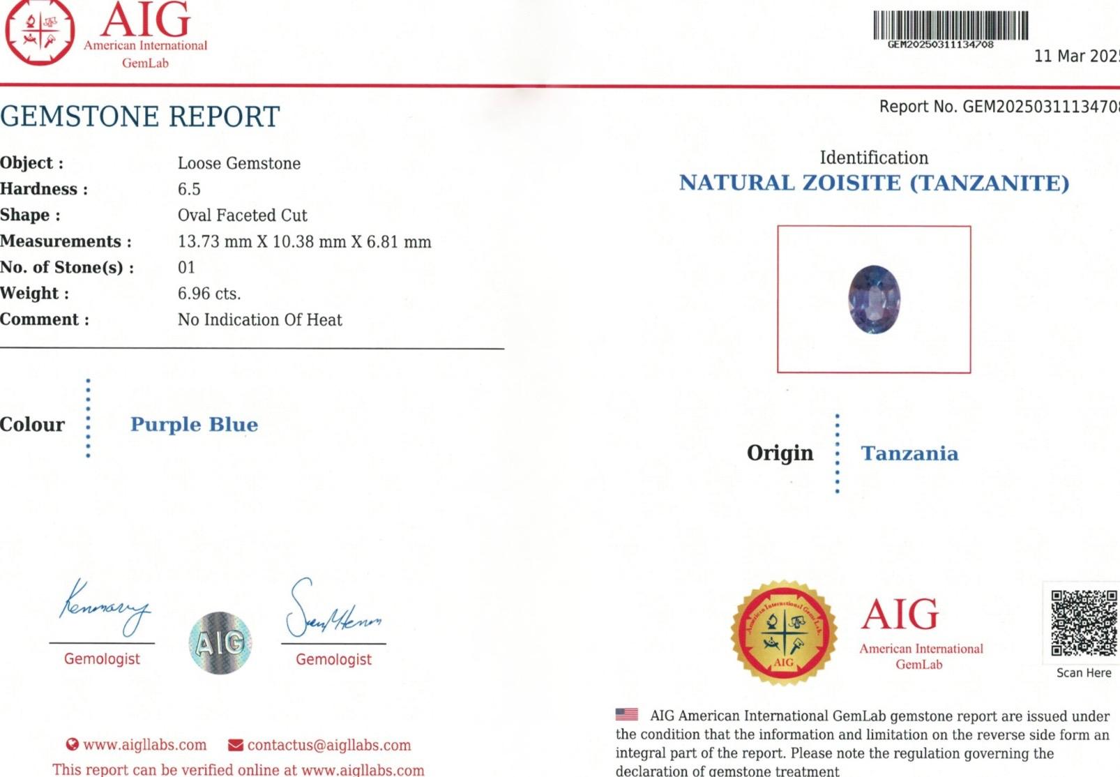 6.96 Ct GIT AIG Two certificate Natural Unheated Tanzanite Metallic purple Color For Sale 1