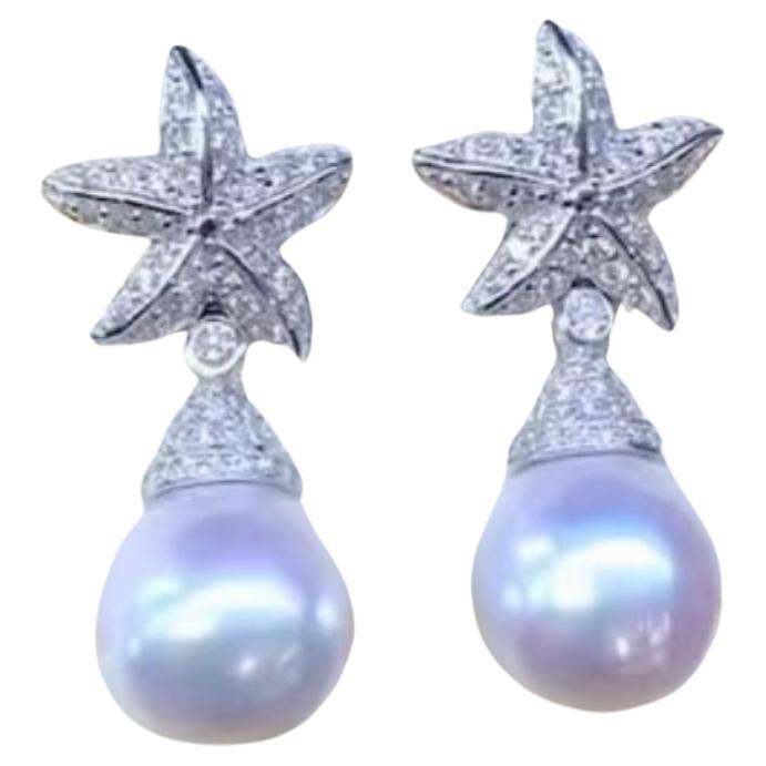 GIT Certificate South Sea Pearls Diamonds 18K Gold Earrings For Sale
