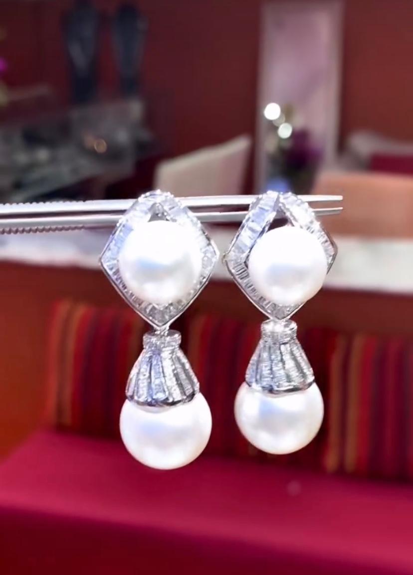 Round Cut GIT Certificate Unttreated South Sea Pearls  3.00 Ct Diamonds 18K Gold Earrings For Sale