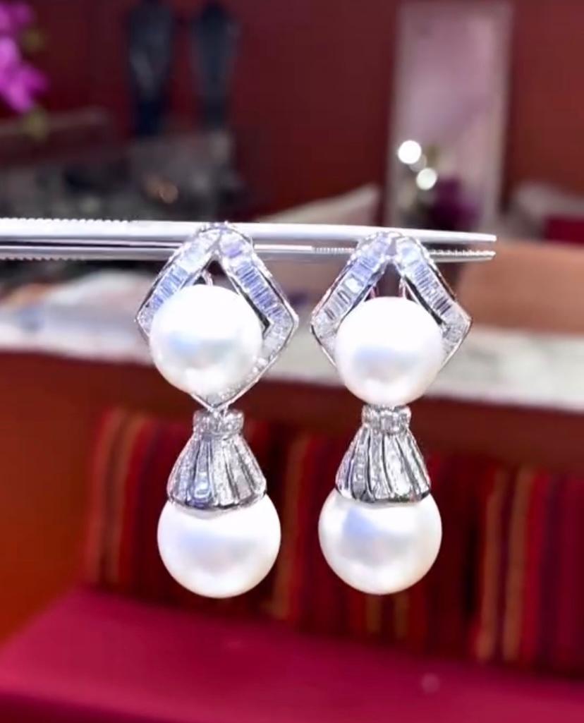 Women's or Men's GIT Certificate Unttreated South Sea Pearls  3.00 Ct Diamonds 18K Gold Earrings For Sale