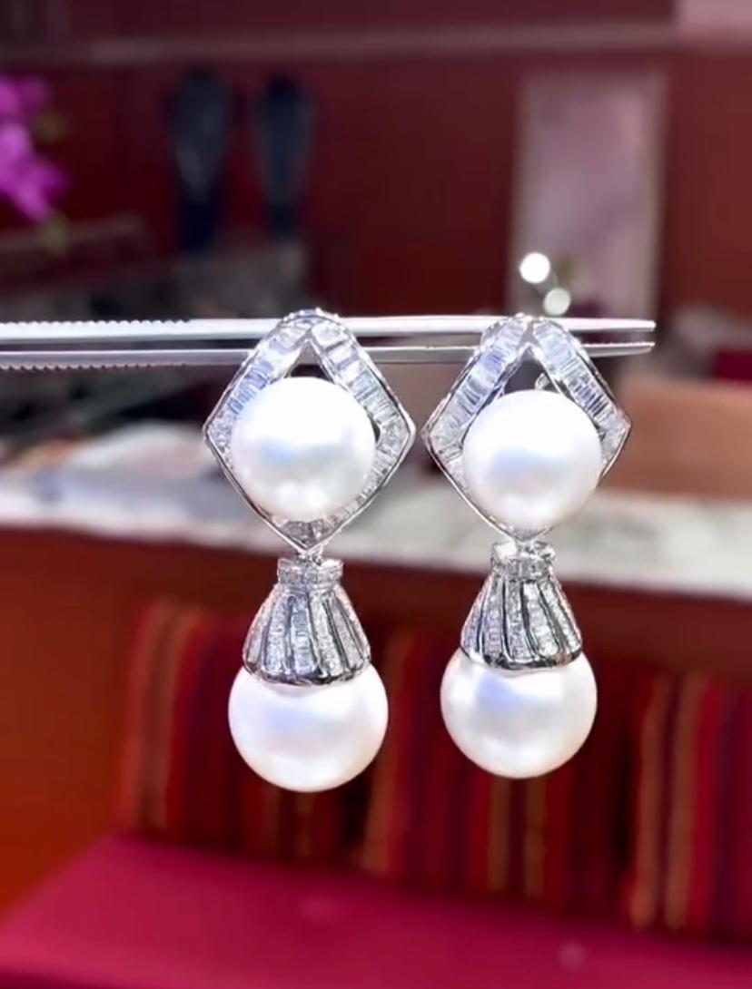 GIT Certificate Unttreated South Sea Pearls  3.00 Ct Diamonds 18K Gold Earrings For Sale 1