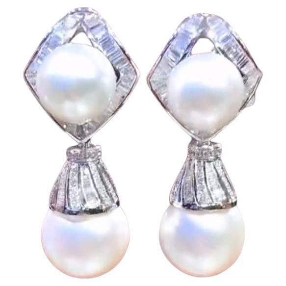 GIT Certificate Unttreated South Sea Pearls  3.00 Ct Diamonds 18K Gold Earrings For Sale