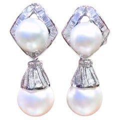 GIT Certificate Unttreated South Sea Pearls  3.00 Ct Diamonds 18K Gold Earrings