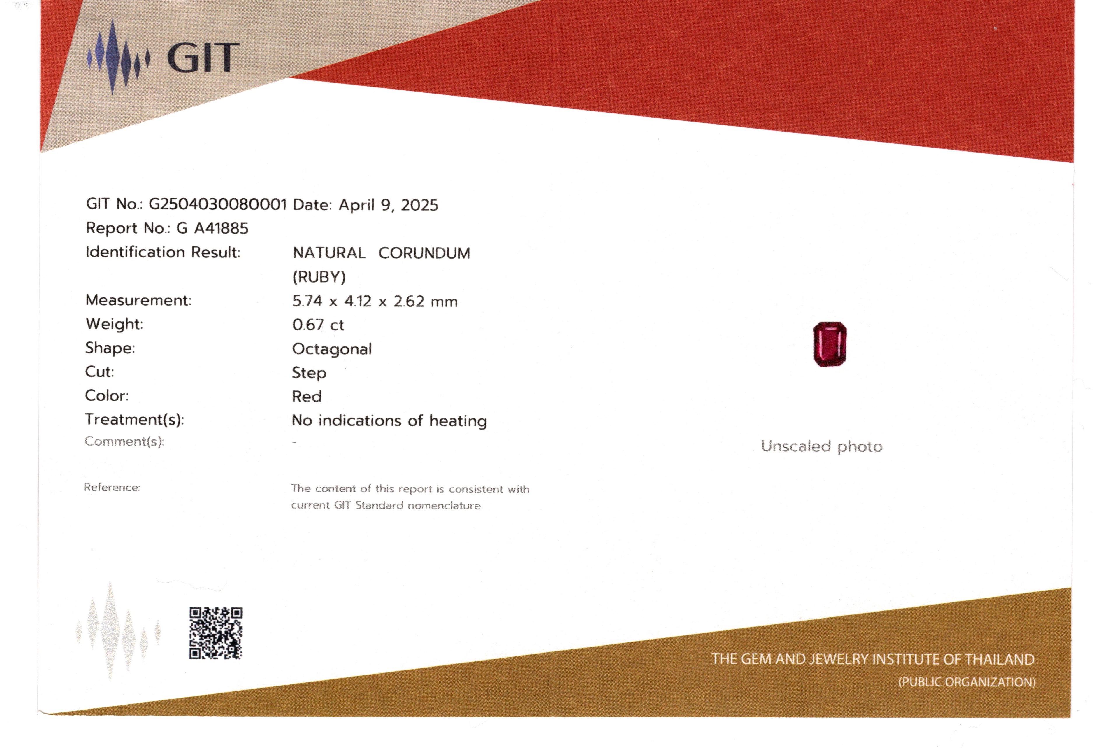 Bague en diamant certifié GIT de 0,67 carat en rubis rouge naturel en vente 7