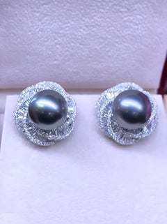 GIT Certified 12mm Tahitian Pearls Diamonds 18K Gold Earrings