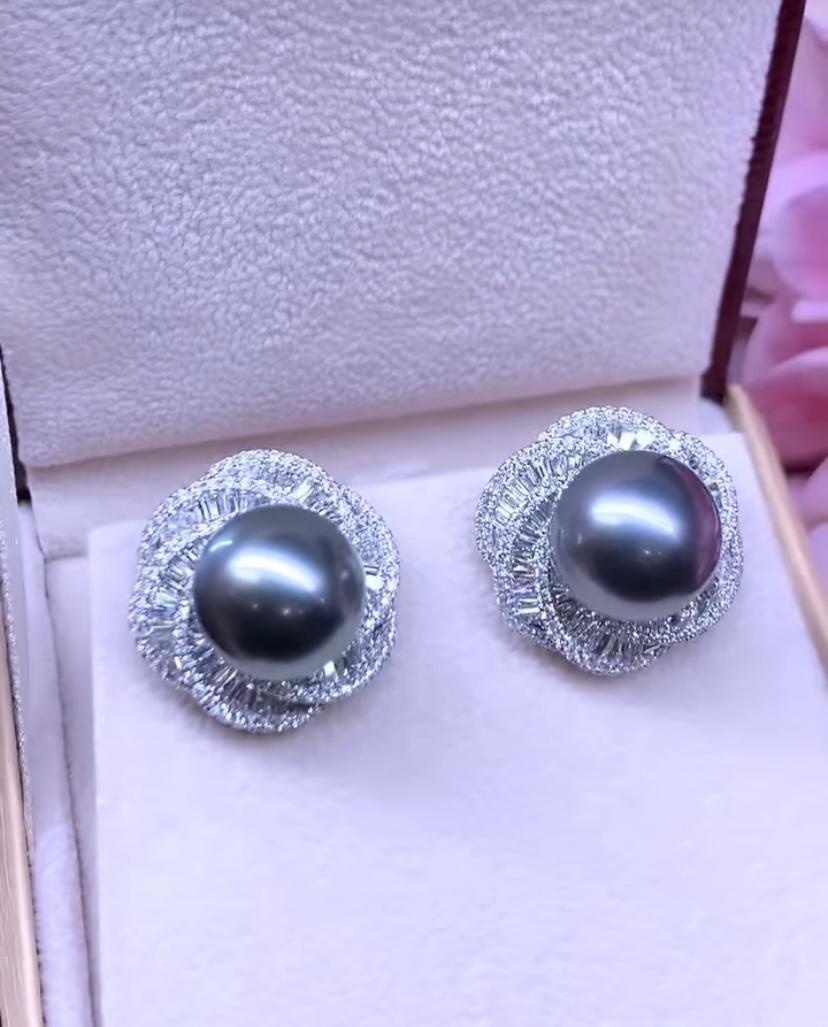GIT Certified 12mm Tahitian Pearls Diamonds 18K Gold Earrings  For Sale 1