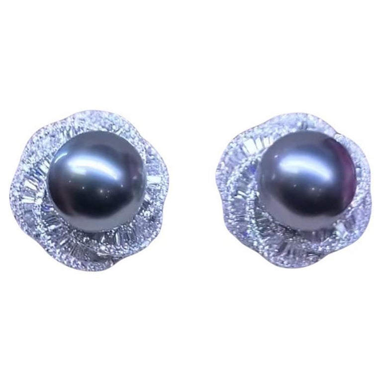 Pendientes de oro de 18 quilates con diamantes y perlas tahitianas de 12 mm certificadas por GIT en venta