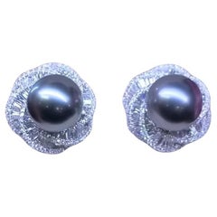 GIT Certified 12mm Tahitian Pearls Diamonds 18K Gold Earrings