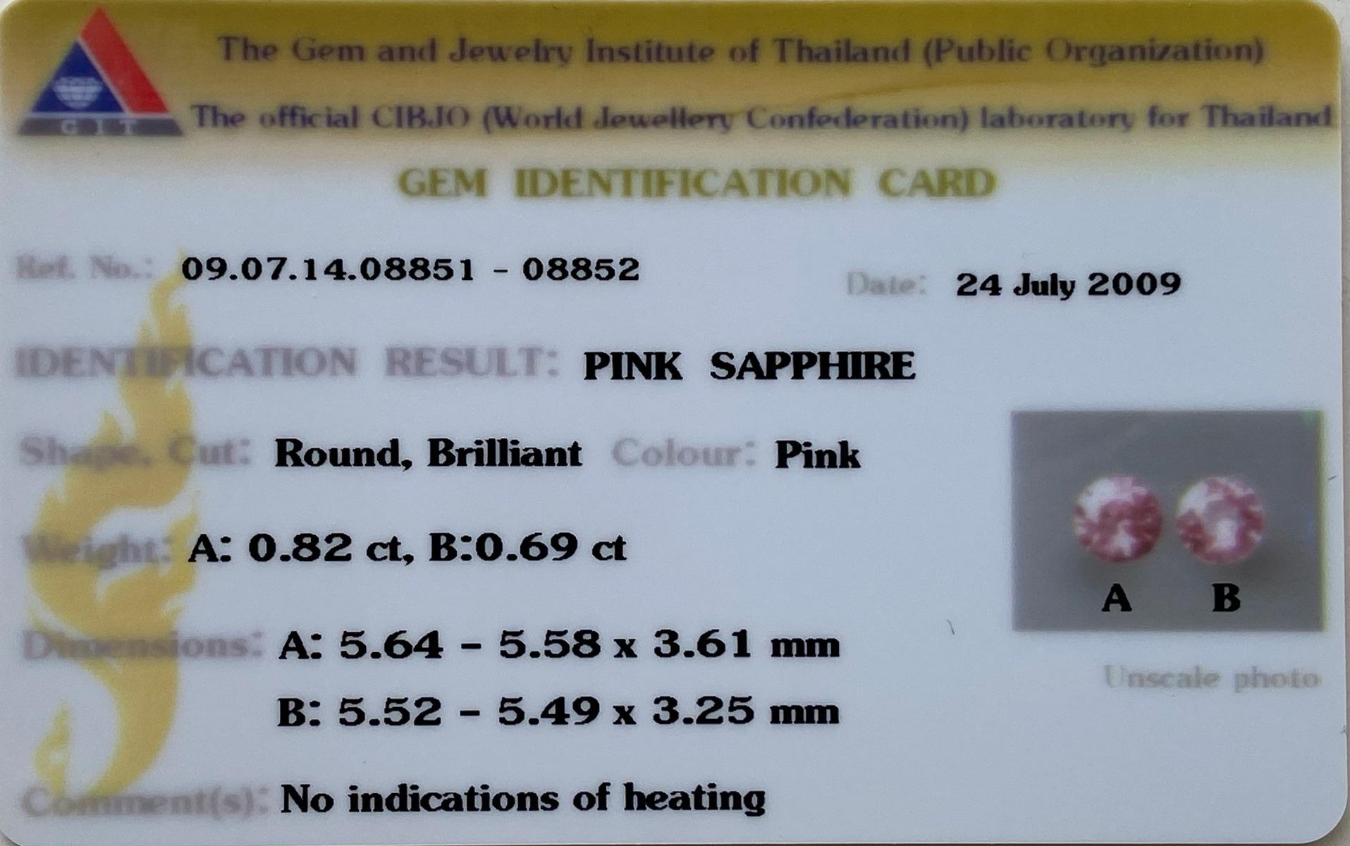 Identification: Natural Unheated Pink Sapphire Matching Pair

• Carat: 1.51 carats
• Shape: Round
• Measurement: 5.64 x 5.58 x 3.61 mm, 5.52 x 5.49 x 3.25 mm
• Color: Pink
• Cut: Brilliant
• Color Zoning: None
• Clarity: very eye clean
• Treatment:
