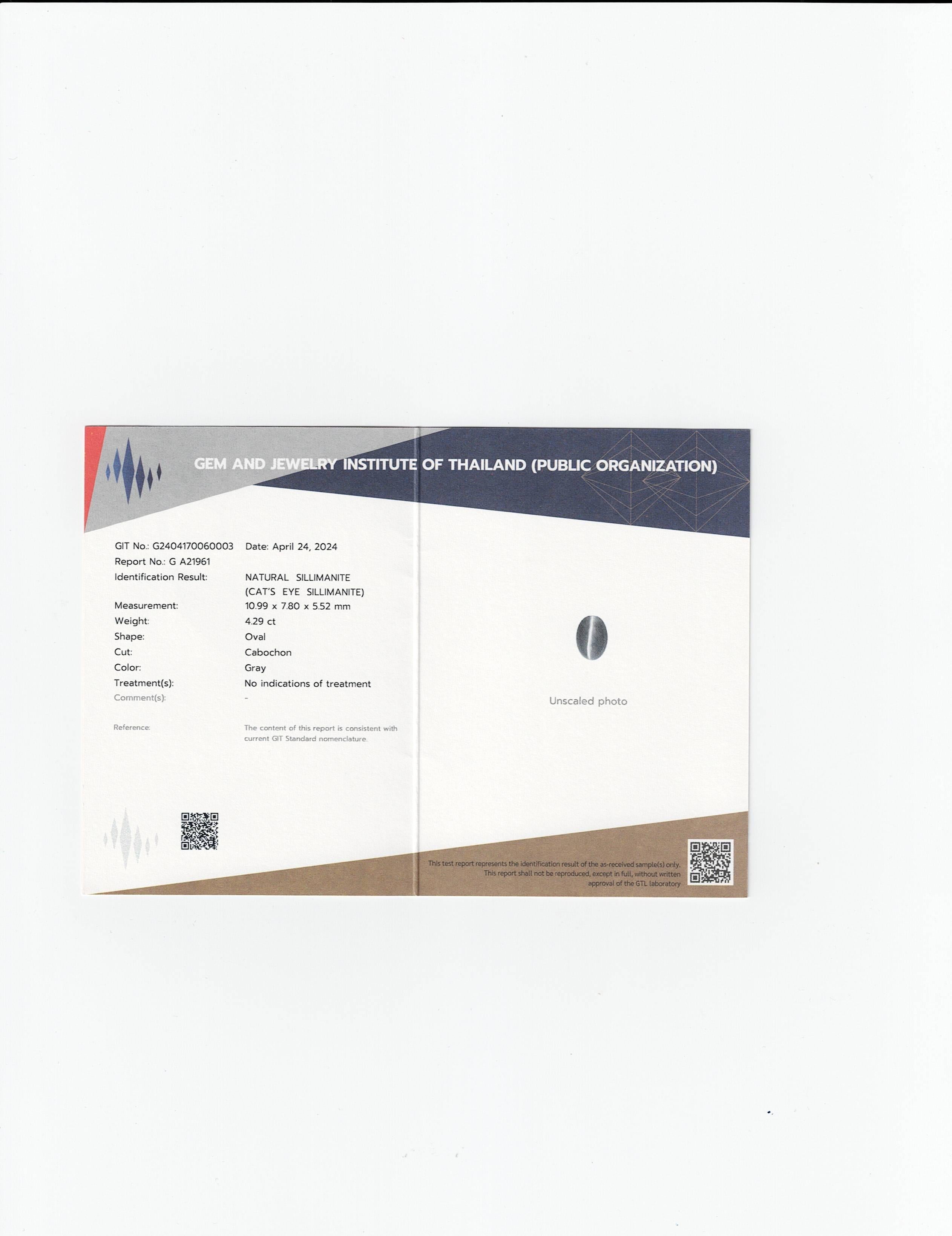 GIT-zertifiziertes 4,29 Karat Katzenauge-Sillimanit, ohne Behandlung, 10,99x7,80x5.52 mm 2