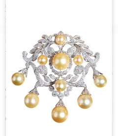 GIT Certified Golden Pearls 6.00 Ct Diamonds Broche/Pendentif Or 18K