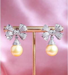 18K Gold Dangle Earrings with 13mm Pearls & 2.18ct Diamonds