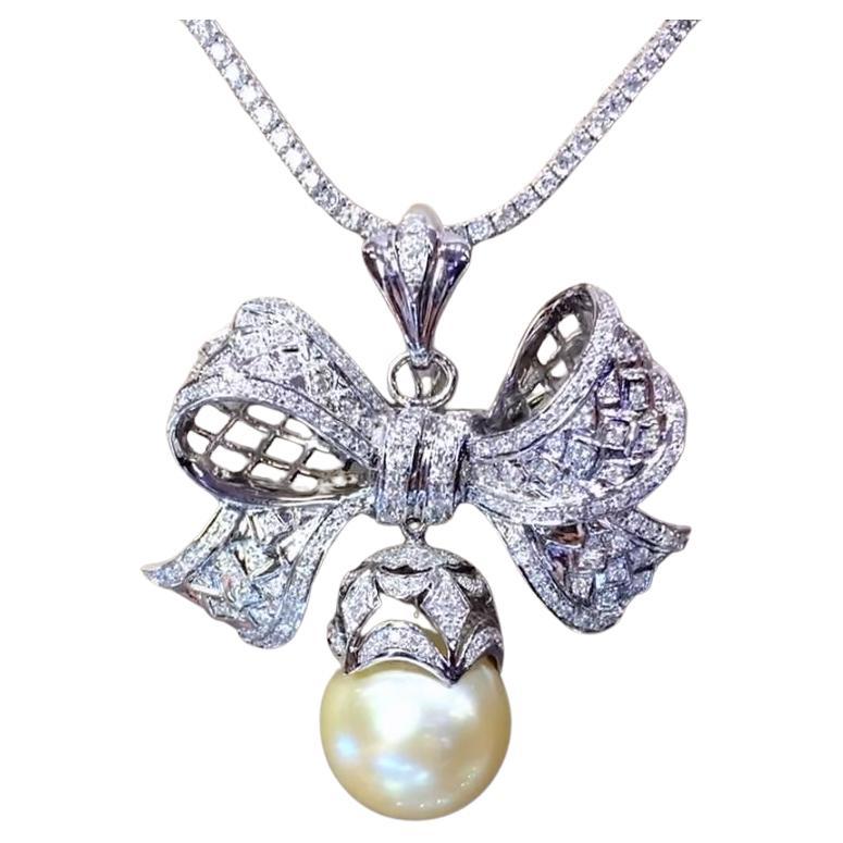 GIT Certified Golden South Sea Pearl  2.14 Ct Diamonds 18k Gold Brooch/Pendant