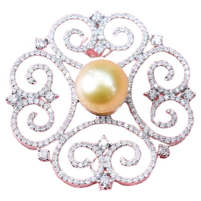 GIT Certified Golden South Sea Pearl 2.30 Ct Diamonds 18K Gold Pendant/ Brooch