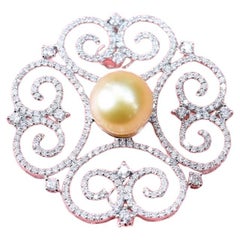 GIT Certified Golden South Sea Pearl 2.30 Ct Diamonds 18K Gold Pendant/ Brooch