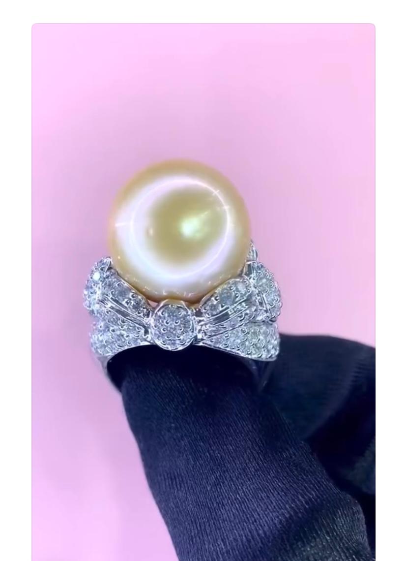 Bague en or 18 carats certifiée GIT avec perles des mers du Sud et diamants de 3,00 carats Pour femmes en vente