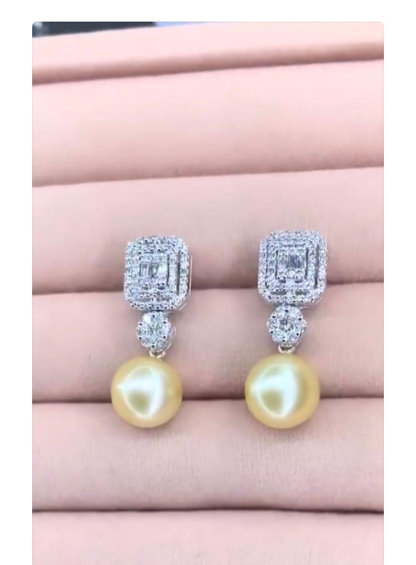 GIT Certified Golden South Sea Pearl Diamonds 18K Gold Earrings For Sale 1