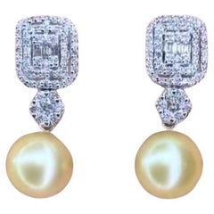 GIT Certified Golden South Sea Pearl Diamonds 18K Gold Earrings
