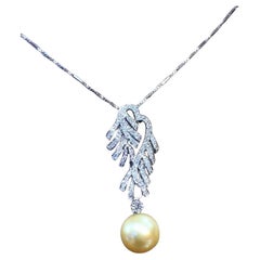 GIT Certified Golden South Sea Pearl Diamonds 18K Gold Pendant