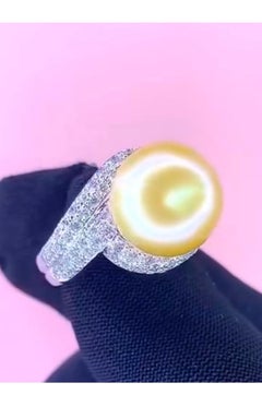 GIT Certified Golden South Sea Pearl Diamonds 18K Gold Ring