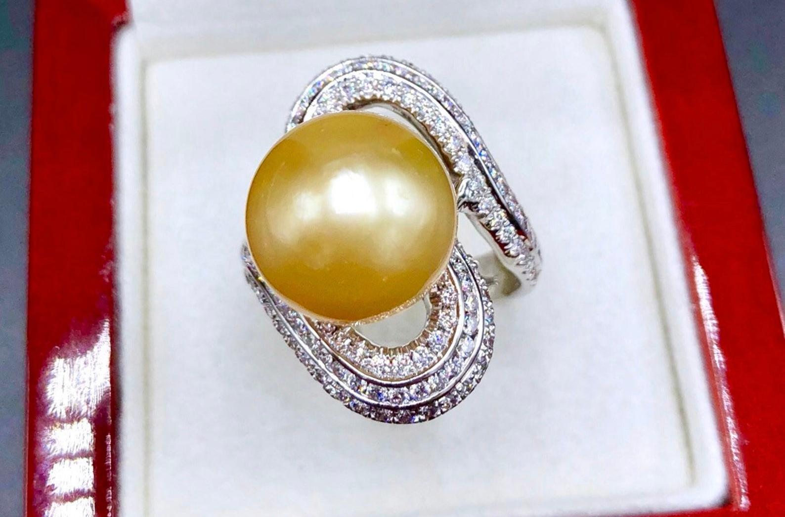 Contemporary GIT Certified Golden South Sea Pearl Diamonds 18K Gold Ring For Sale