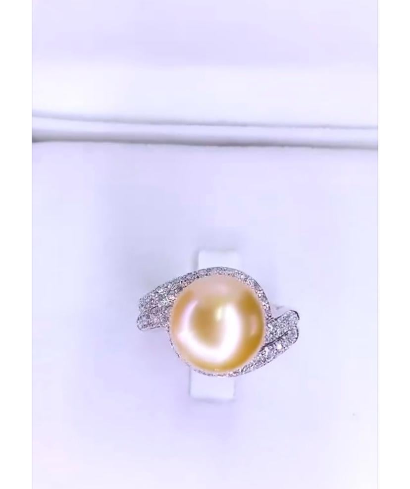 Women's GIT Certified Golden South Sea Pearl Diamonds 18K Gold Ring For Sale