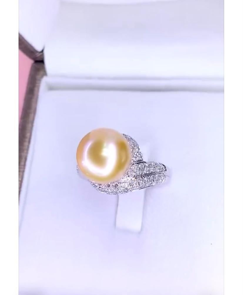 GIT Certified Golden South Sea Pearl Diamonds 18K Gold Ring For Sale 1