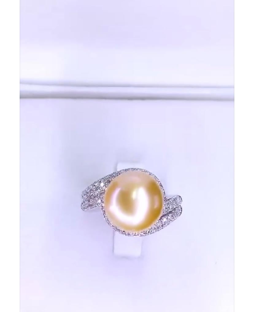 GIT Certified Golden South Sea Pearl Diamonds 18K Gold Ring For Sale 2