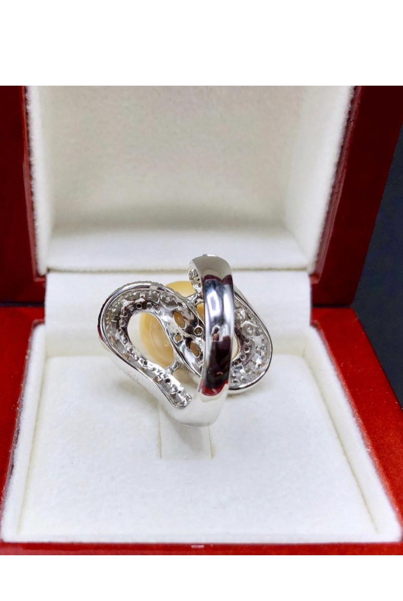 GIT Certified Golden South Sea Pearl Diamonds 18K Gold Ring For Sale 2