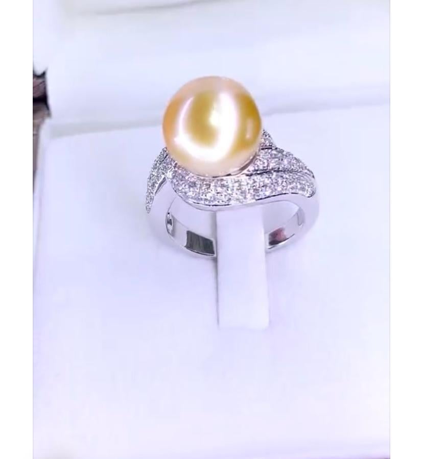 GIT Certified Golden South Sea Pearl Diamonds 18K Gold Ring For Sale 3