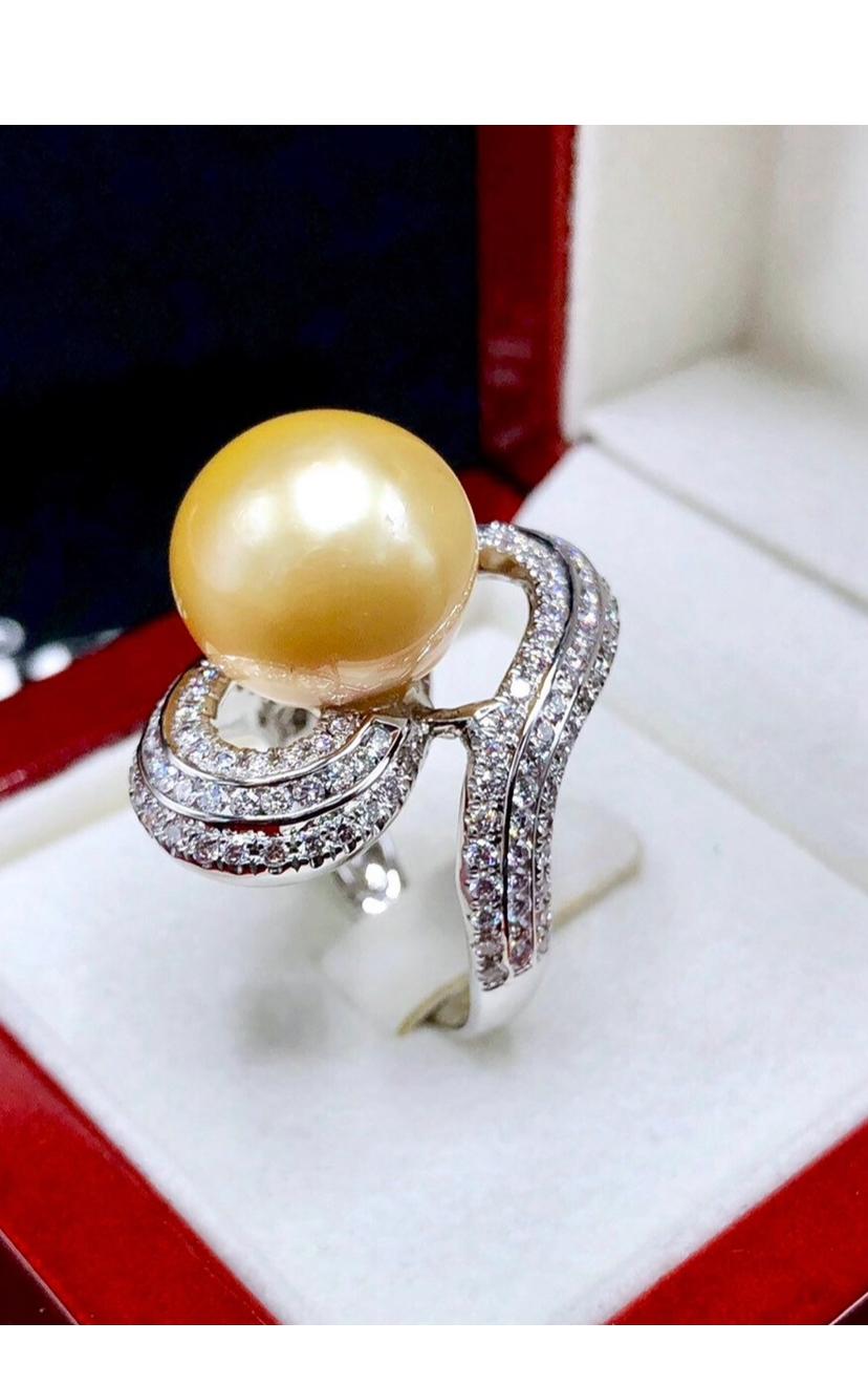 GIT Certified Golden South Sea Pearl Diamonds 18K Gold Ring For Sale 3