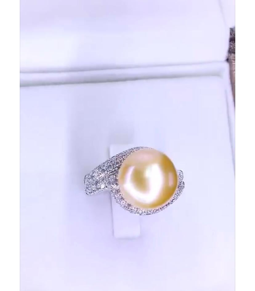 GIT Certified Golden South Sea Pearl Diamonds 18K Gold Ring For Sale 4