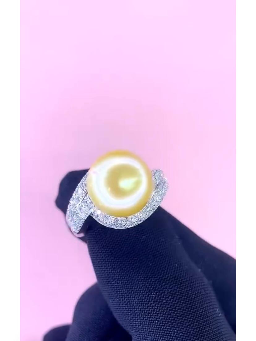 GIT Certified Golden South Sea Pearl Diamonds 18K Gold Ring For Sale 5