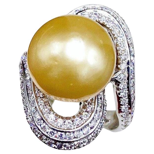 GIT Certified Golden South Sea Pearl Diamonds 18K Gold Ring