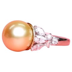 GIT Certified Golden South Sea Pearl Diamonds 18k Gold Ring
