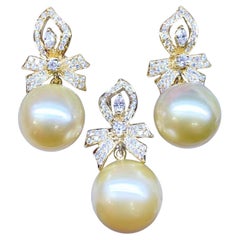 GIT-zertifizierte goldene Südseeperlen 1,80 Karat Diamanten 18k Gold Set