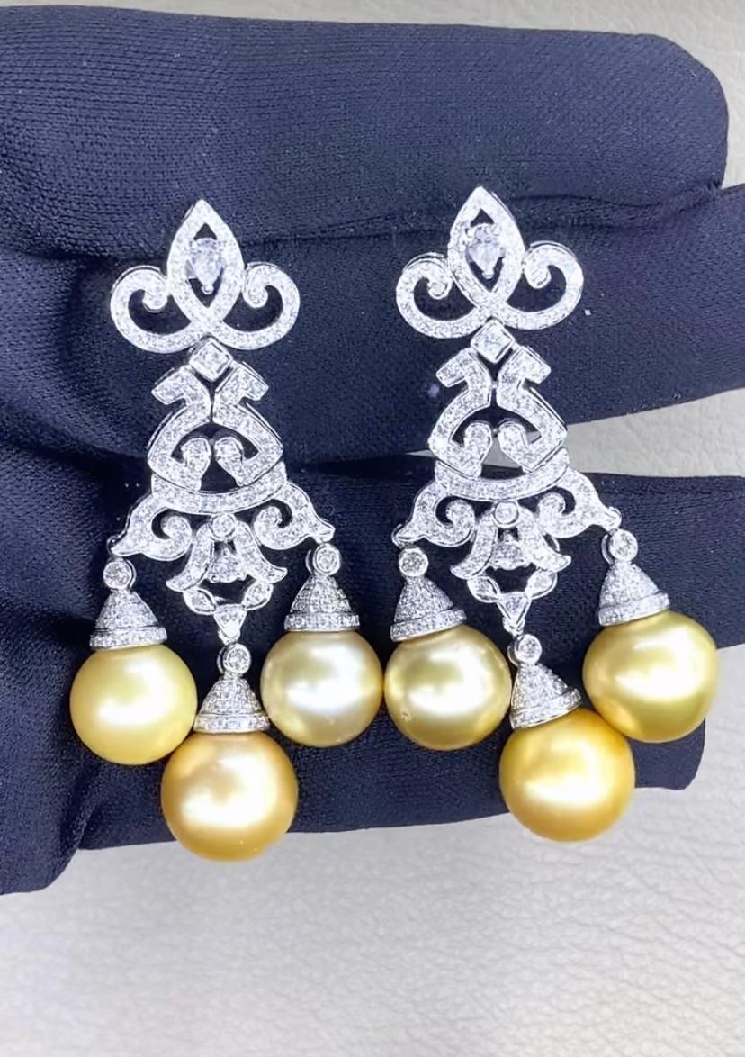 Women's GIT Certified Golden South Sea Pearls 4.40 Ct Diamonds 18K Gold Earrings For Sale