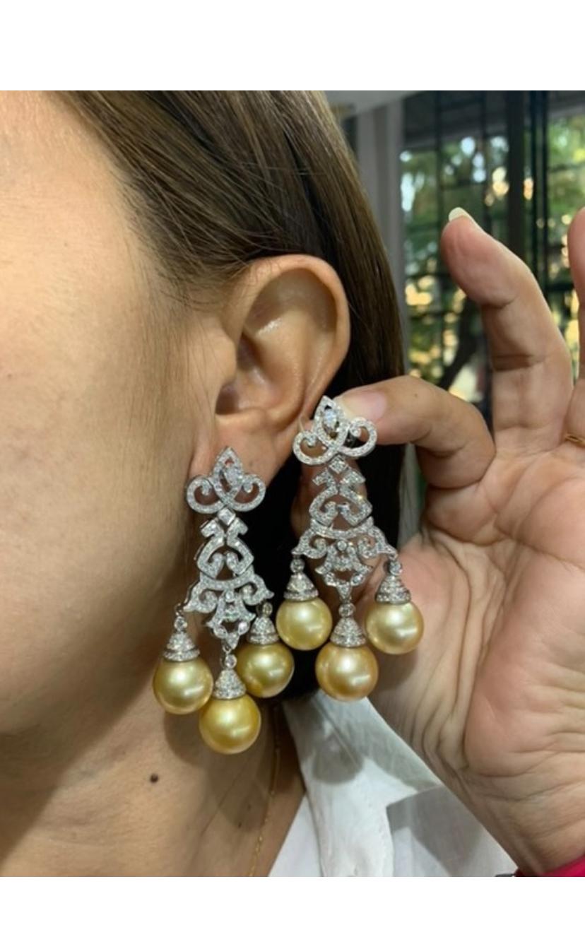 GIT Certified Golden South Sea Pearls 4.40 Ct Diamonds 18K Gold Earrings For Sale 1