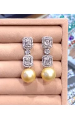 GIT Certified Golden South Sea Pearls Diamonds 18K Gold Earrings
