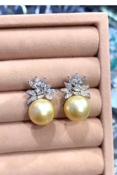 GIT Certified Golden South Sea Pearls Diamonds 18K Gold Earrings