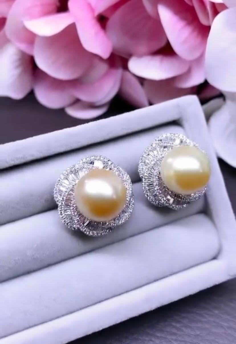 Oval Cut GIT Certified Golden South Sea Pearls   Diamonds 18K Gold Earrings  For Sale