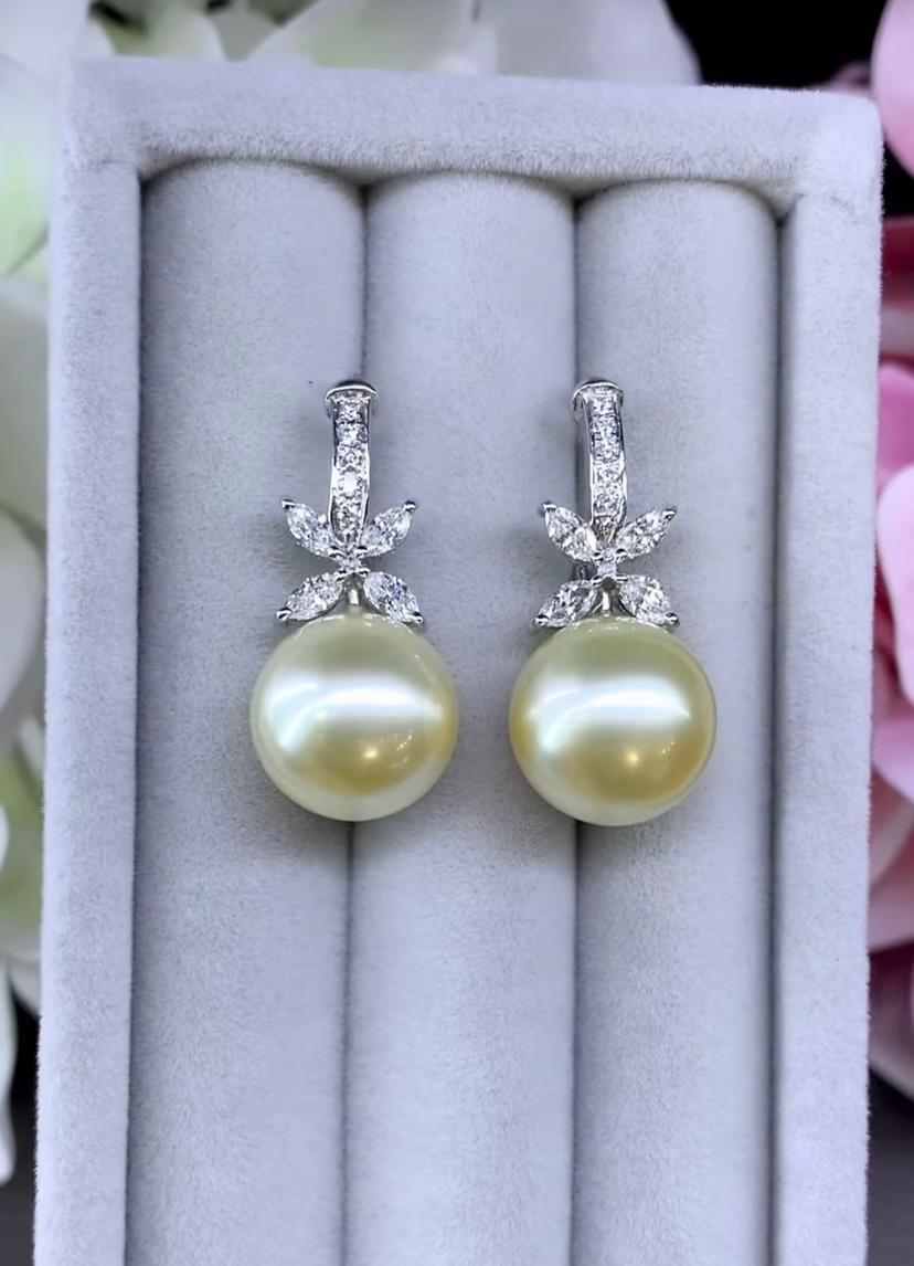 Women's GIT Certified Golden South Sea Pearls Diamonds 18K Gold Earrings For Sale