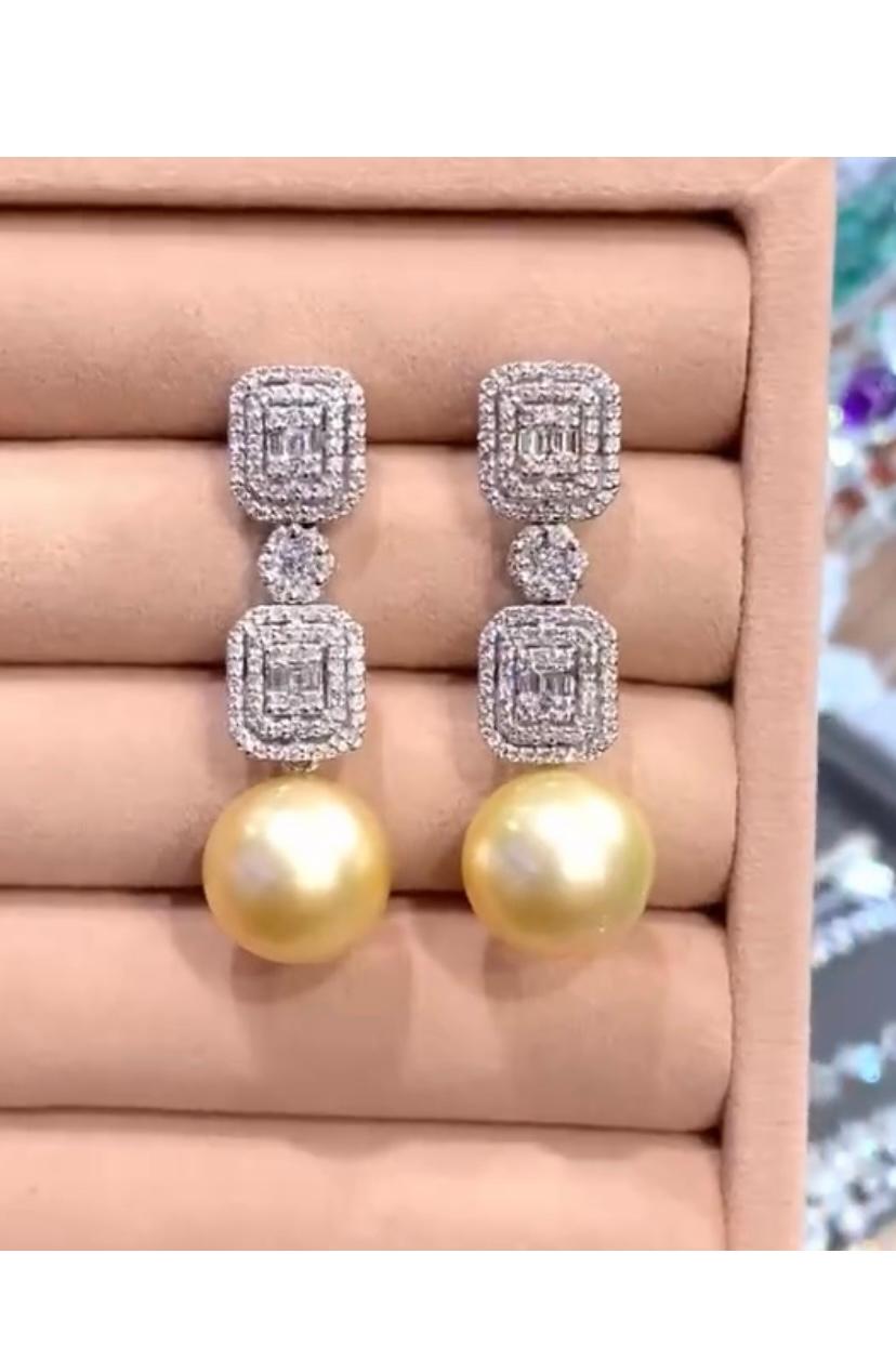 Women's GIT Certified Golden South Sea Pearls Diamonds 18K Gold Earrings For Sale