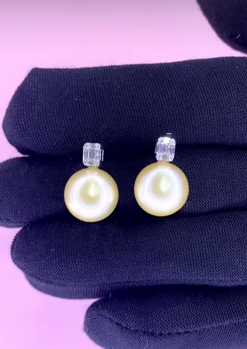 Women's GIT Certified Golden South Sea Pearls Diamonds 18K Gold Earrings For Sale