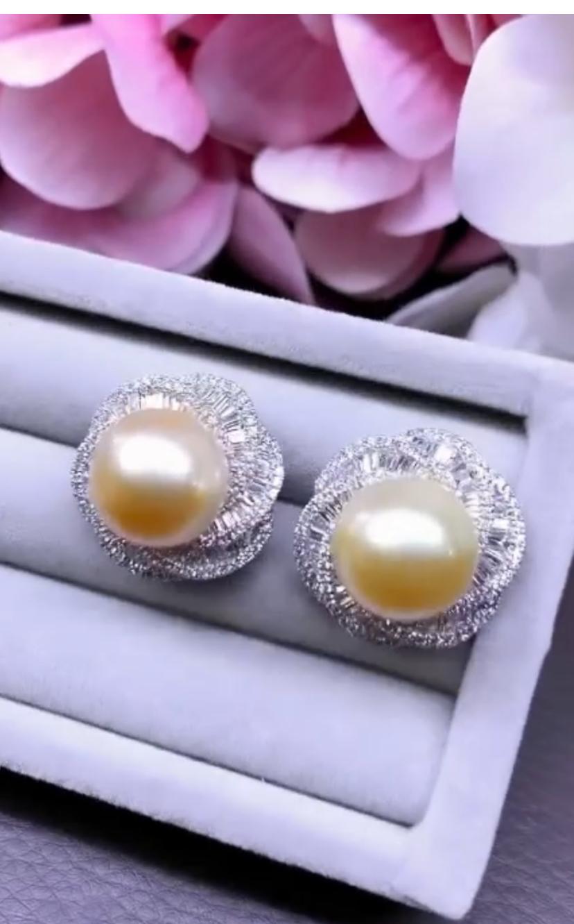 GIT Certified Golden South Sea Pearls   Diamonds 18K Gold Earrings  For Sale 1