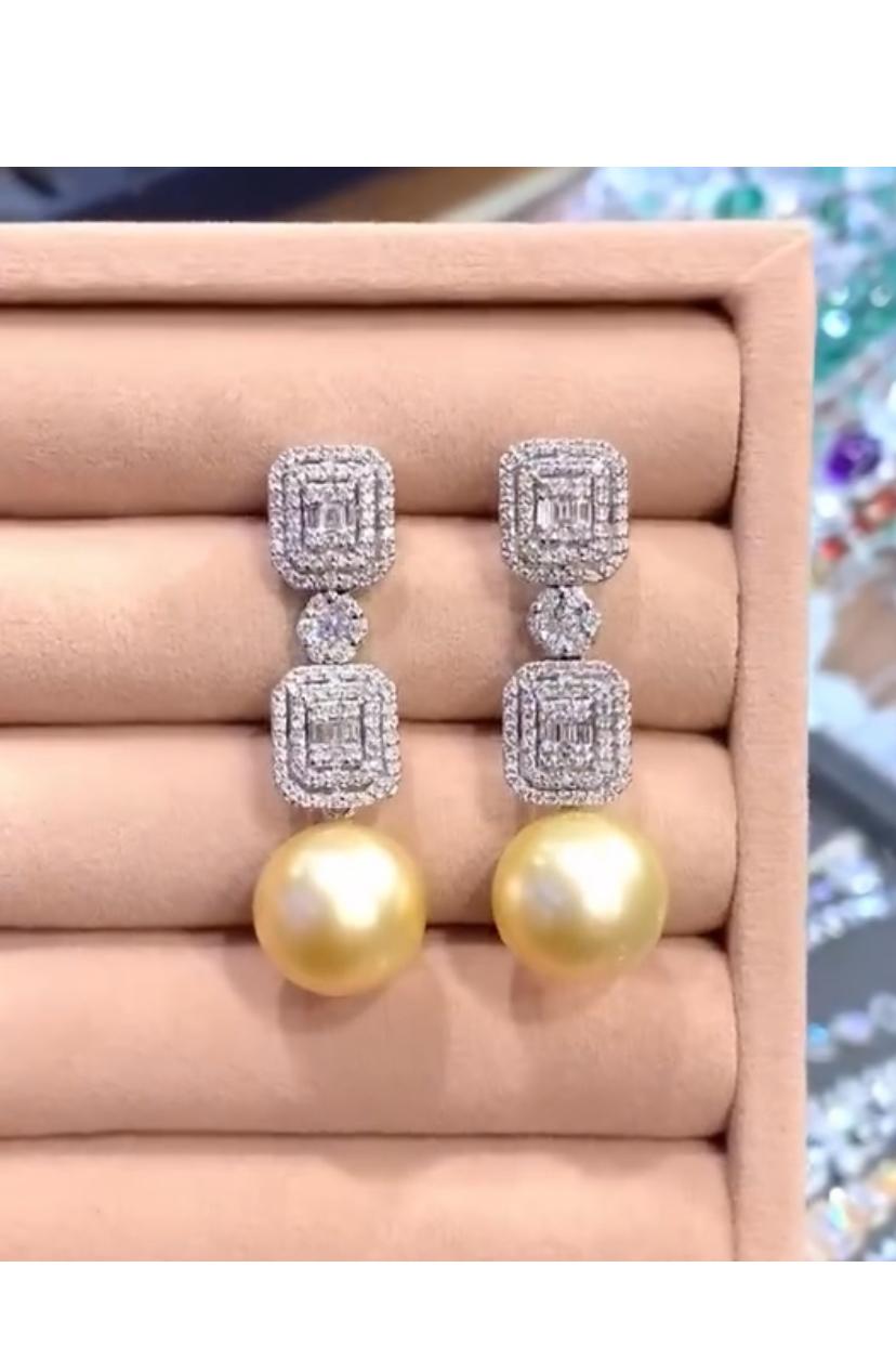 GIT Certified Golden South Sea Pearls Diamonds 18K Gold Earrings For Sale 1